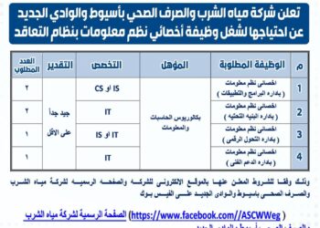 مياه أسيوط تعلن عن مسابقة لشغل وظيفة أخصائي نظم معلومات