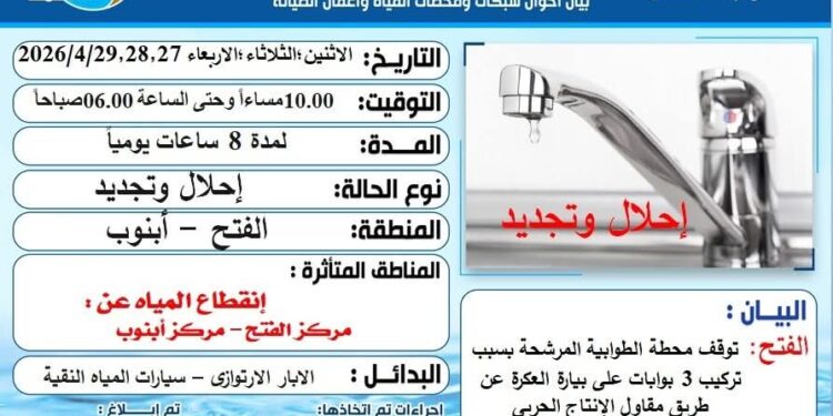 بواقع 8 ساعات يوميًا.. ضعف مياه الشرب بمركزي أبنوب والفتح في أسيوط